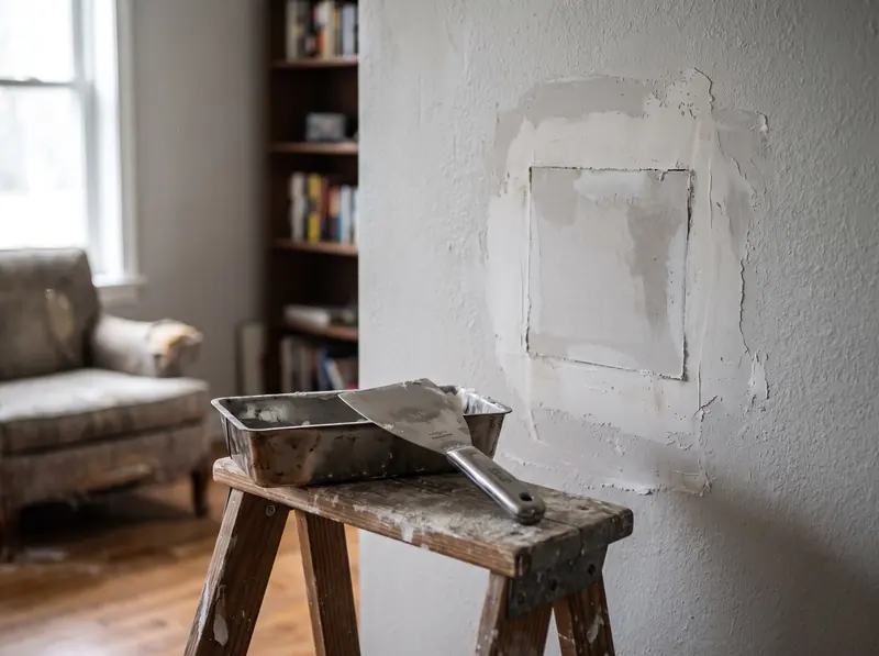 Freshly patched drywall with a taping knife and mud pan on a step stool