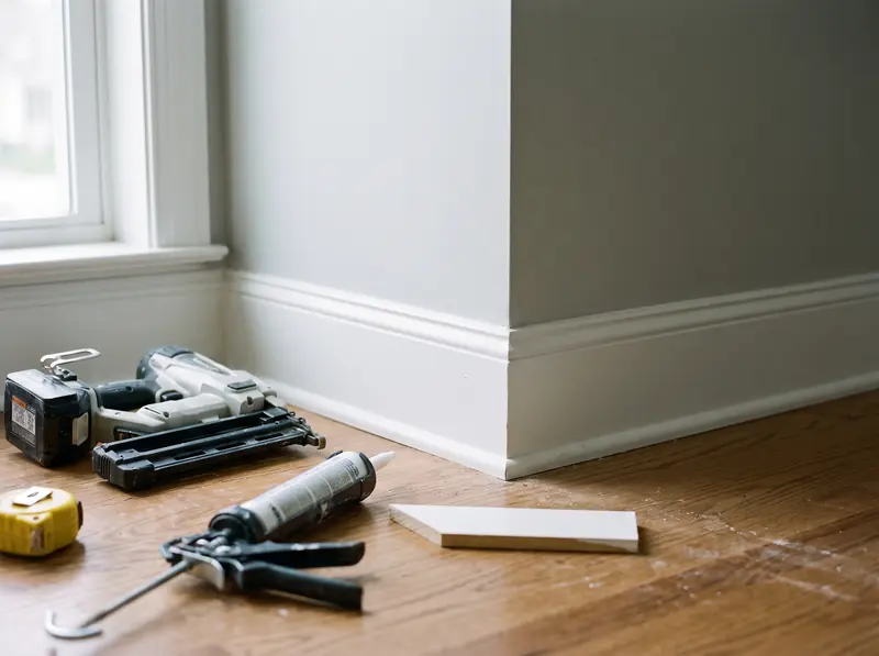 New white baseboard in a corner, with a finish nailer, caulk gun and tape measure