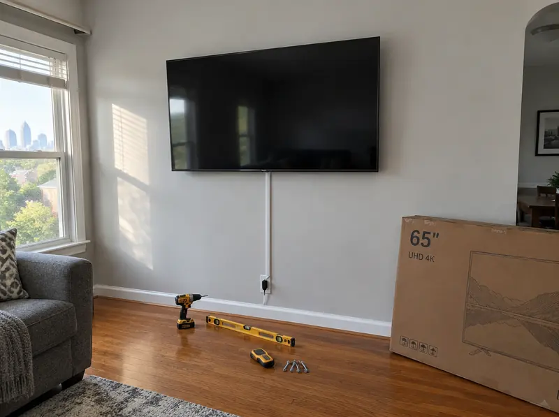 Flat-screen TV mounted level on a living room wall with a cord cover, level and drill on the floor